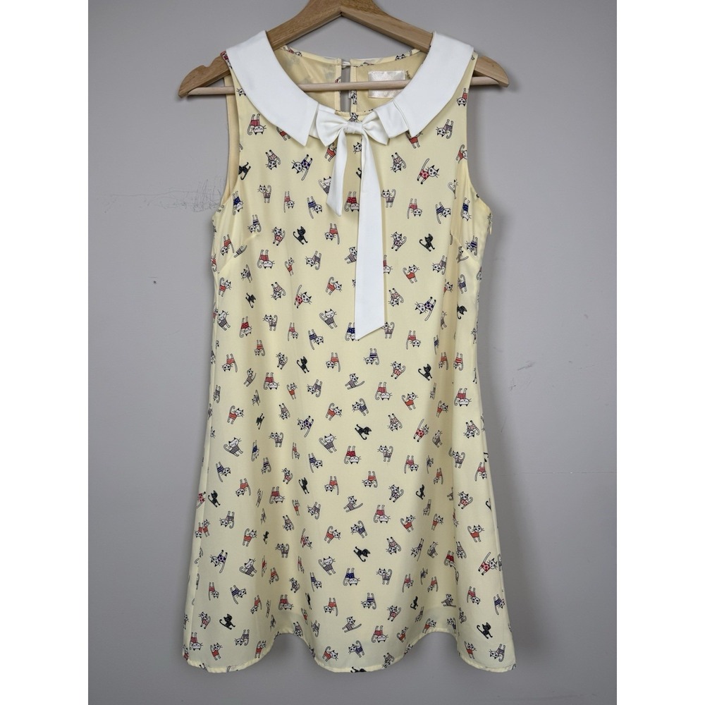 Moon Cat Print Dress Peter Pan Collar Dress Butter Yellow Kitty Lover Novelty S